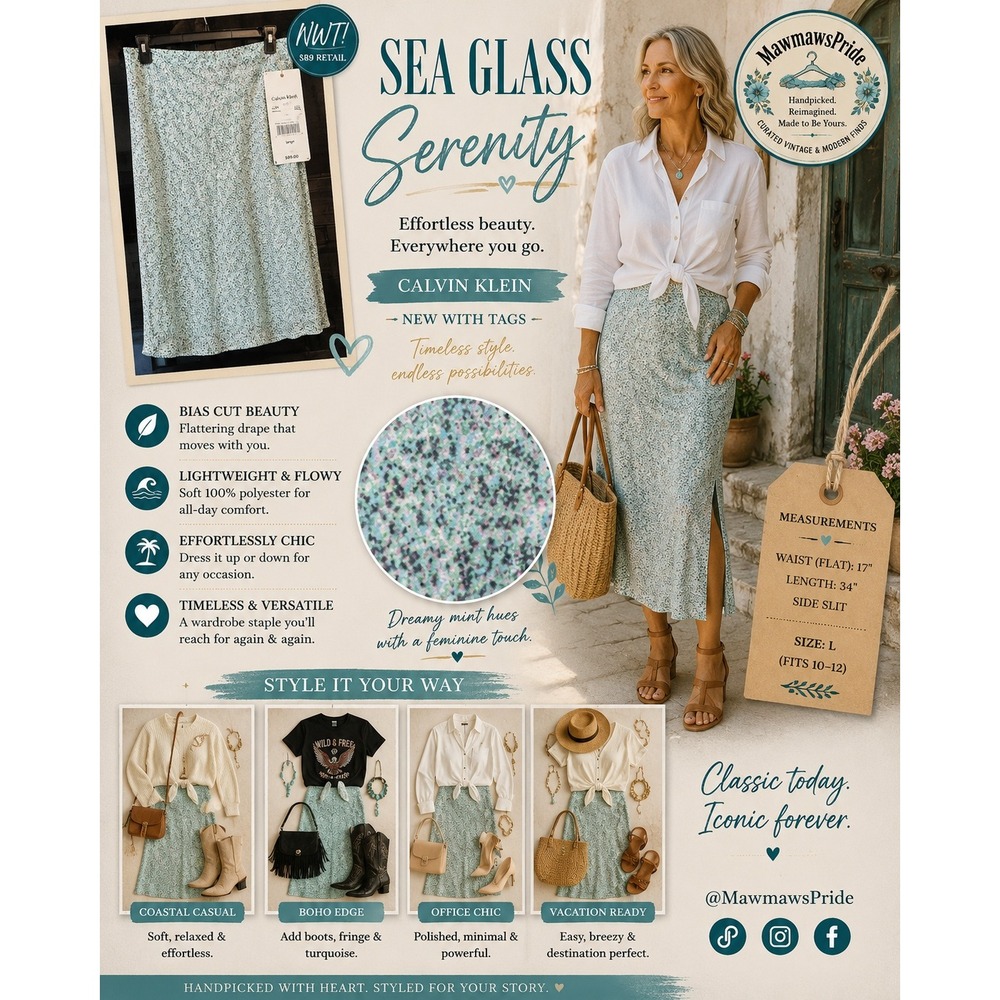 Sea Glass Serenity | Calvin Klein NWT Mint Bias Midi Slip Skirt Soft Girl L